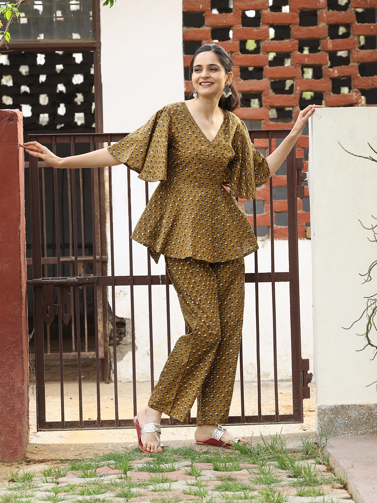 Yellow Hand Block Bagru Printed  Frilled Sleeve Cotton Co-ord Set